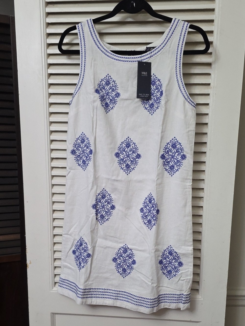 Marks & Spencer White Sleeveless Shift Dress with Blue Embroidery